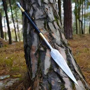 Puede incluir: Una lanza larga con una hoja de metal plateado afilada y puntiaguda, un eje con detalles en color dorado y una empuñadura negra texturizada. El arma tiene un diseño elegante y alargado con un acabado metálico que refleja la luz.