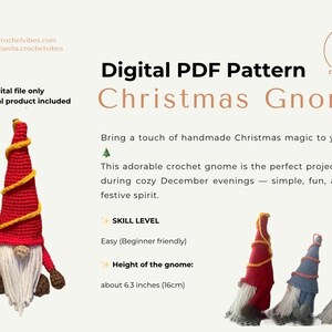 May include: Digital PDF pattern for a Christmas gnome. The image shows a red and yellow crocheted gnome with a white beard, brown feet, and a gold star. The gnome is about 6.3 inches (16cm) tall. The pattern is beginner-friendly.