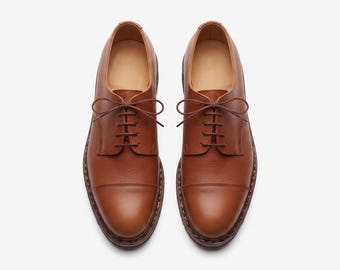 Men's Brown Leather Cap Toe Derby Shoes, Handmade Formal Lace-Up Dress Shoes, Business Executive Gift, Wedding Groom Footwear