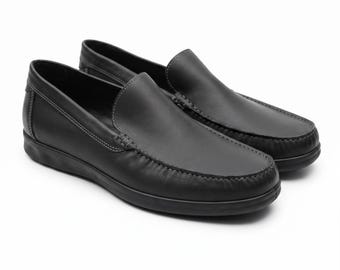 Men's Black Leather Driving Moccasins, Slip-On Leather Loafers, Quiet Luxury Old Money Style, Smart Casual Footwear