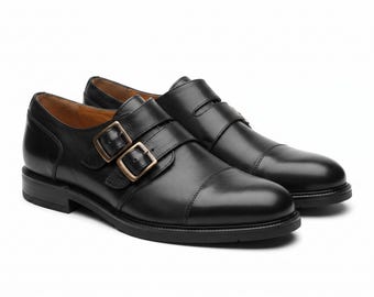 Scarpe da uomo in pelle nera con doppia fibbia, scarpe eleganti formali fatte a mano, regalo per dirigenti d'azienda, regalo di pensionamento per lui