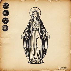 Op de afbeelding: Zwart-wit illustratie van een vrouw met een halo, gekleed in een lange jurk, met haar handen open. Een hart met een kruis staat op haar borst. De afbeelding bevat de bestandstype-pictogrammen SVG, DXF, PDF en PNG.