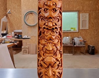 Japanese Wall Art | Oni Mask Wood Wall Sculpture | Japanese Demon Mask | Yokai Folklore Wall Hanging
