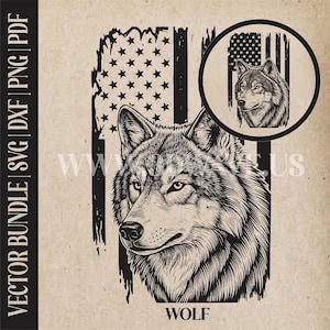 May include: A detailed black and white illustration of a wolf's head, set against a distressed American flag design. A smaller circular image of the wolf and flag is also present. The word "WOLF" is at the bottom.