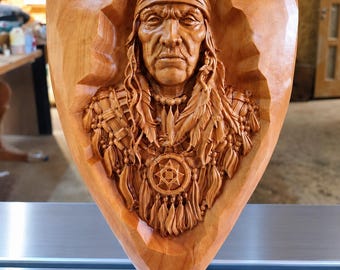 Native American Chief Wood Carving | Indian Wall Art | Carved Wood Plaque | Southwestern Decor | Rustic Cabin Decor