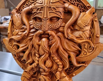 Odin Wood Carving | Odin Wall Art | Viking Wood Carving | Norse God Wall Art | Odin With Wolves