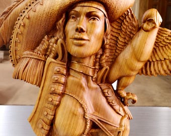 Female Pirate with Parrot Wood Wall Hanging | Tiki Bar Decor | Nautical Carving