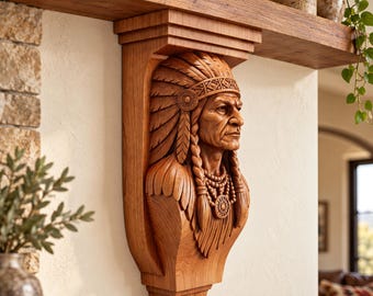 Native American Chief Wood Corbel | Carved Shelf Bracket | Feather Headdress Southwest Wall Decor
