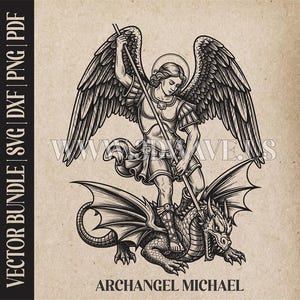 Könnte beinhalten: Schwarz-Weiß-Vektor-Bundle-Illustration von Erzengel Michael, der einen Drachen erschlägt. Der Erzengel wird mit großen Flügeln, einem Heiligenschein und Rüstung dargestellt, die einen Speer hält. Der Drache ist detailliert mit Schuppen und einem bedrohlichen Ausdruck. Text: Erzengel Michael.