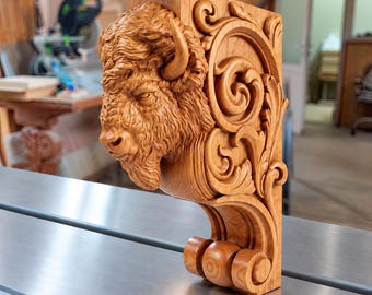 Bison Corbel | Carved Wood Mantel Corbel | Buffalo Shelf Bracket | Rustic Western Home Decor