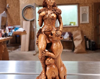 Freya Statue – Carved Wood Norse Goddess with Cats