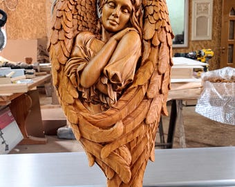 Carved Sapele Wood Angel Wall Sculpture | Christian Home Decor