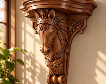 Carved Horse Head Wall Shelf | Solid Wood Equestrian Corbel (Sapele or Oak)