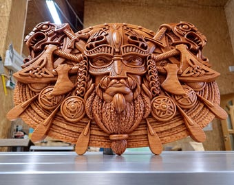 Viking Wood Carving | Norse Wall Art | Viking Warrior Wall Hanging | Drakkar Ship Decor | Medieval Wood Sculpture