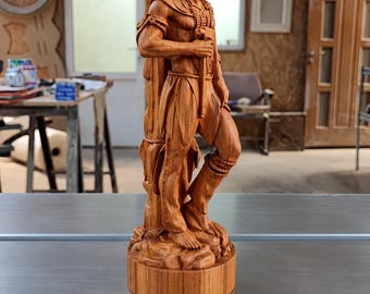 Native American Warrior Statue with Wolf Headdress | Carved Wood Sculpture | Manitou Western Decor