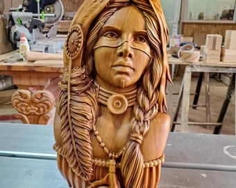 Native American Inspired Wood Sculpture | Woman with Eagle Headdress | Southwest Wall Decor