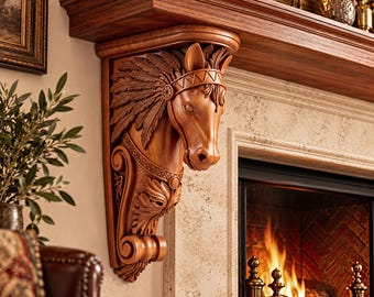 Horse Head Corbel | Carved Wood Shelf Bracket | Southwestern Equestrian Decor | Horse Wood Carving