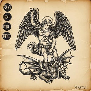 May include: Black and white illustration of Saint Michael the Archangel slaying a dragon. The angel is depicted with large wings, a halo, and a spear. The image includes the text "SVG", "DXF", "PDF", "PNG", and "3DWAVE".