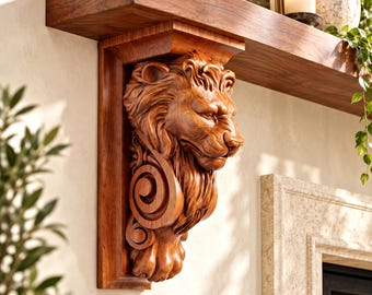 Lion Corbel | Wood Carved Shelf Bracket | Architectural Mantel Support | Fireplace Lion Decor