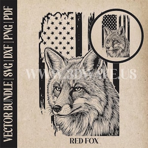 May include: A detailed black and white illustration of a red fox with an American flag design. The image includes a close-up of the fox's face, a circular portrait, and the text "RED FOX" at the bottom. The words "VECTOR BUNDLE | SVG | DXF | PNG | PDF" are on the left side.