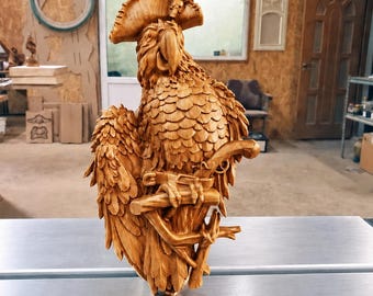 Pirate Parrot Wood Wall Sculpture | Wood Carving Wall Hanging | Tiki Bar Decor | Man Cave Decor | Parrot Wall Art