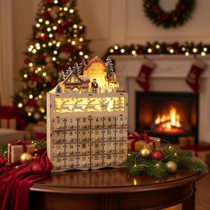 Wooden LED Christmas Advent Calendar – Village House Countdown Box