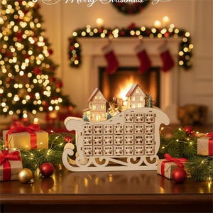 Wooden LED Sleigh Advent Calendar – Rustic Christmas Countdown Box