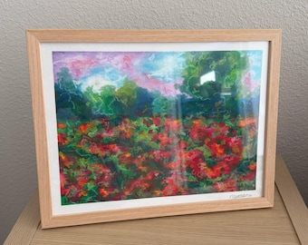 Framed Original Oil Pastel Artwork of Red Flower Poppy Field with Lavender Skies Wall Art Bright Landscape Scene Home Decor Gift Idea