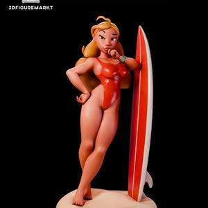 May include: A 3D-printed figurine of a woman in a red swimsuit, leaning on a red and white surfboard. The figurine has blonde hair and is standing on a sandy base. The text "3DFIGUREMARKT" is visible in the upper left corner.