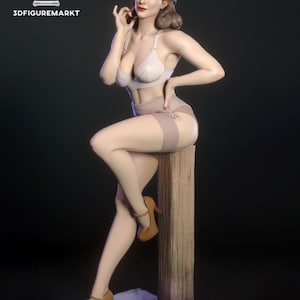 May include: A 3D-printed figurine of a woman in vintage lingerie, seated on a wooden post. The figure wears a bra, high-waisted briefs, and stockings. She has brown hair and is wearing high-heeled shoes. The logo "3DFIGUREMARKT" is visible.