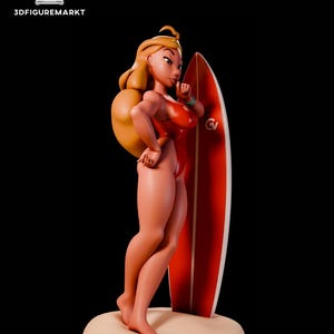 May include: A 3D-printed figurine of a woman in a red swimsuit, holding a red and white surfboard. The figurine has blonde hair and is standing on a sandy base. The text "3DFIGUREMARKT" is in the upper left corner.