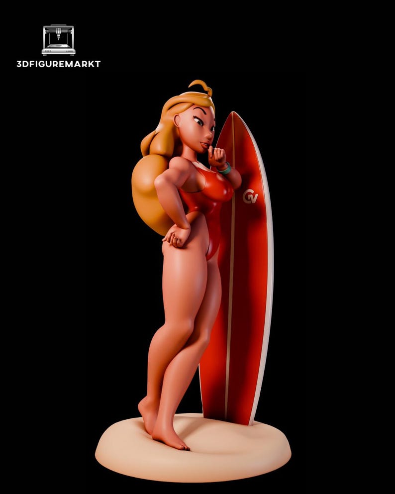 May include: A 3D-printed figurine of a woman in a red swimsuit, holding a red and white surfboard. The figurine has blonde hair and is standing on a sandy base. The text "3DFIGUREMARKT" is in the upper left corner.