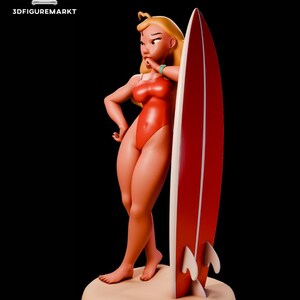 May include: A 3D-printed figurine of a woman in a red swimsuit, leaning against a red and white surfboard. The figurine has blonde hair and is standing on a sandy base. The text "3DFIGUREMARKT" is visible.
