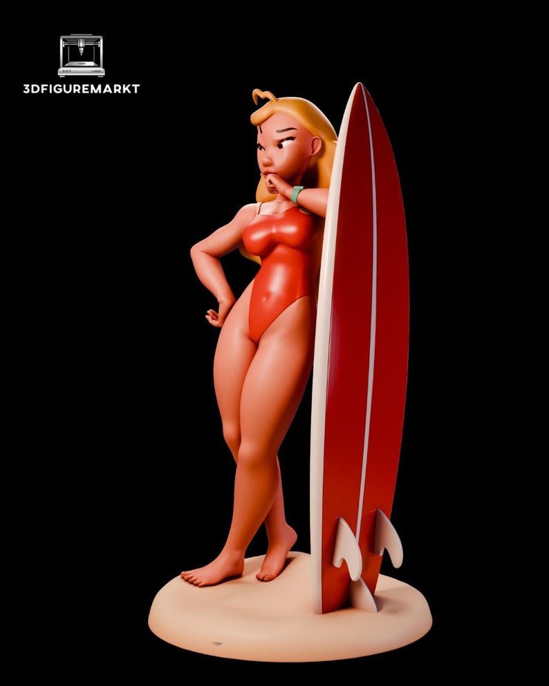 May include: A 3D-printed figurine of a woman in a red swimsuit, leaning against a red and white surfboard. The figurine has blonde hair and is standing on a sandy base. The text "3DFIGUREMARKT" is visible.