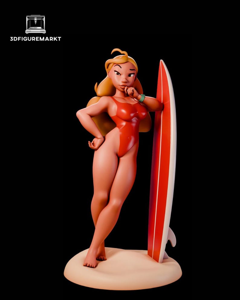 May include: A 3D-printed figurine of a woman in a red swimsuit, leaning on a red and white surfboard. The figurine has blonde hair and is standing on a sandy base. The text "3DFIGUREMARKT" is visible in the upper left corner.