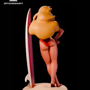 May include: A 3D-printed figurine of a woman in a red bikini, leaning against a surfboard. The surfboard is white with a red stripe. The figurine has blonde hair and is standing on a beige base. The text "3DFIGUREMARKT" is visible.