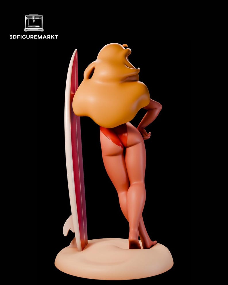 May include: A 3D-printed figurine of a woman in a red bikini, leaning against a surfboard. The surfboard is white with a red stripe. The figurine has blonde hair and is standing on a beige base. The text "3DFIGUREMARKT" is visible.