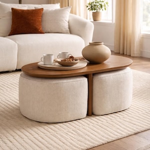 Peut inclure: Scène de salon moderne avec un canapé crème et un coussin couleur rouille. Une table basse en bois avec une base ottomane de couleur claire supporte un plateau avec des tasses et un bol de collations. Un tapis beige et un vase décoratif complètent la scène.