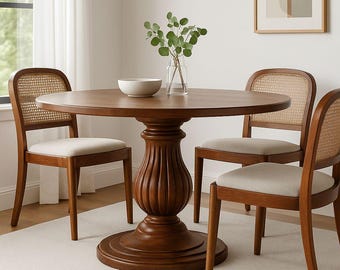Handcrafted Round Dining Table | Solid Beech Wood Pedestal Base