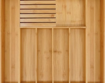 Regulowany organizer do szuflady z bambusa | Rozkładana tacka na sztućce | Ekologiczny organizer na przybory kuchenne