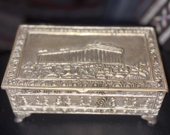 Large Vintage Greek Parthenon Relief Brass Jewelry Box Footed Cedar Lined Trinket Box - 9”L x 6 ”W x 4”H ( 1.8 lbs)