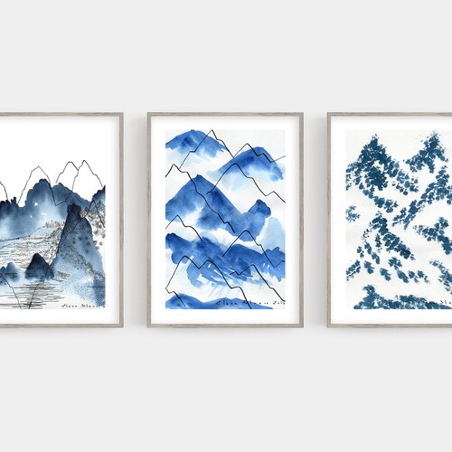 Wall Art Set of 3 Prints Watercolor Paintings Set Blue Green Etsy