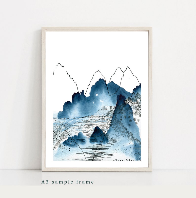 Mountains Print / Abstract Nature Watercolour Painting and Ink image 1