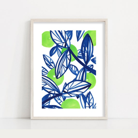 Plant Print Navy Blue And Lime Green Nursery Wall Art And Living Room Decor Many Sizes Up To 24 X 36 A1