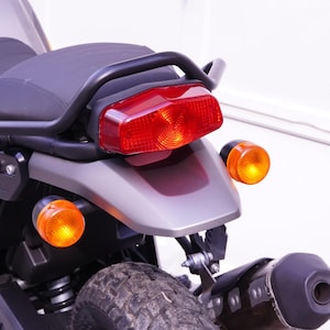 May include: Rear view of a motorcycle featuring a gray fender, black seat, and a red taillight. Amber turn signals are visible on either side of the fender. The exhaust pipe and rear tire are also in view.