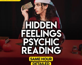 May include: An image promoting psychic readings. The image features a person holding a tarot card, with text overlayed that reads "HIDDEN FEELINGS PSYCHIC READING" and "SAME HOUR DETAILED". The background is dark with a red table.