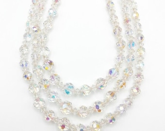 Vintage 1950s Aurora Borealis AB Crystal Triple Strand Necklace Rhinestone Bar Clasp Glam Jewelry