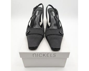 Vintage Nickels Black Satin Square Toe Slingback Heels Size 9.5 M