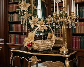 Vintage Gilded Gondola Basket – Metallic Gold Woven Centerpiece, Holiday Decor