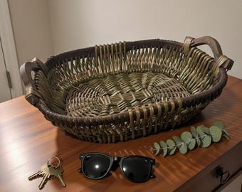 Vintage Hand-Woven Wicker Tray | Olive Green Bread Basket, Carved Wood Handles, Japandi Decor